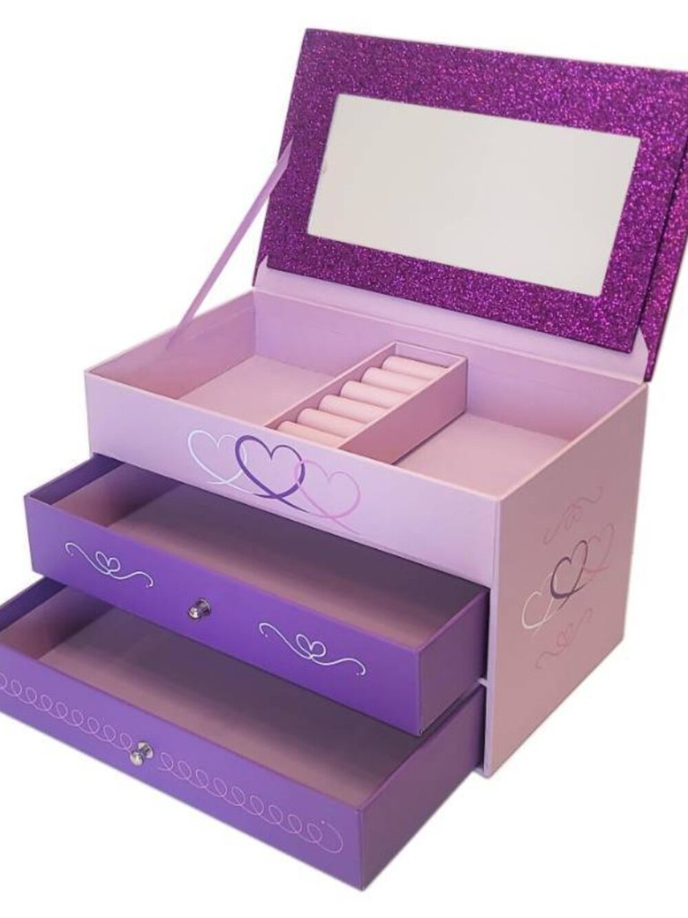 Girls' Purple Glitter Jewelry Box with Mirror and Compartments